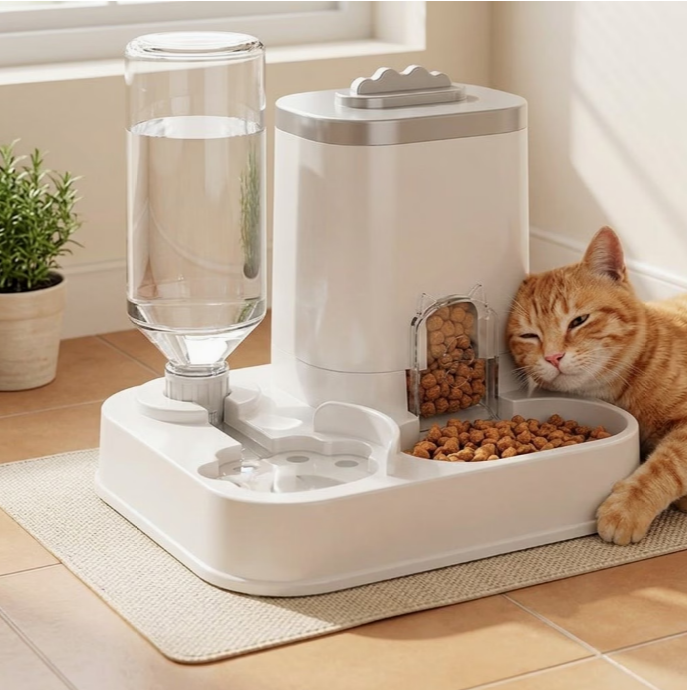 PawWorld 2-in-1 Automatic Pet Feeder with cat